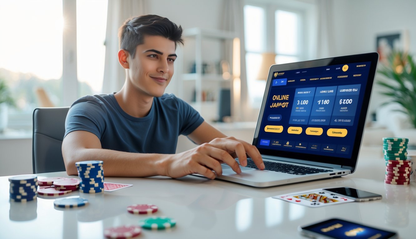 Seorang dewasa muda duduk di depan laptop di ruang tamu yang rapi, fokus bermain judi online dengan chip poker dan kartu di meja.