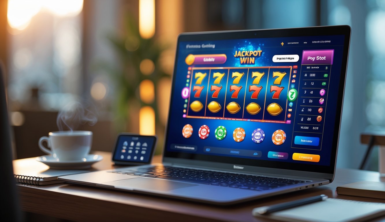 Seseorang menggunakan komputer dengan layar menampilkan permainan judi online yang sedang menang jackpot.