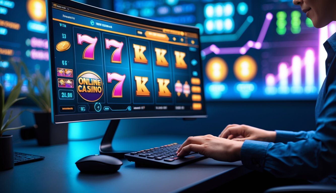 Seseorang menggunakan komputer dengan tampilan permainan judi online dan simbol jackpot di layar.