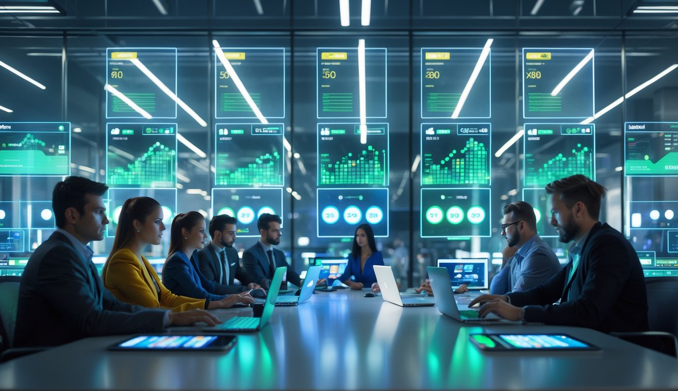 Sekelompok orang sedang menggunakan perangkat digital di ruang kantor modern dengan layar menampilkan grafik dan angka jackpot.