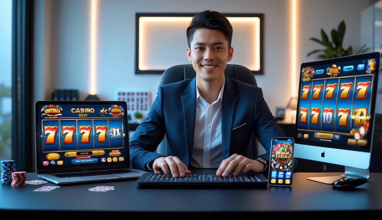 Seorang dewasa muda duduk di meja dengan laptop dan ponsel yang menampilkan permainan kasino online, tersenyum dan fokus di ruang kerja modern.