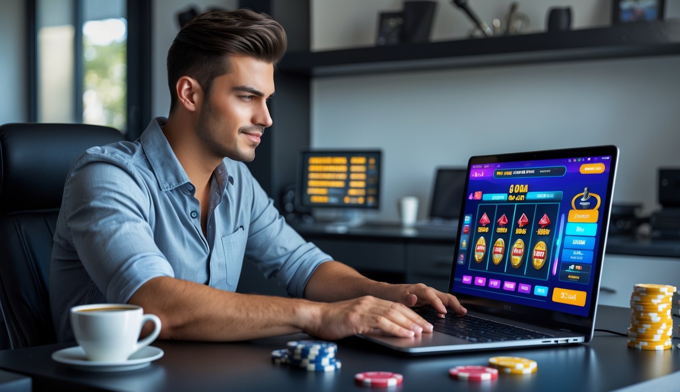 Seorang pria muda duduk di meja dengan laptop, fokus pada layar yang menampilkan permainan judi online, di ruangan kantor rumah yang rapi dengan dekorasi terkait permainan.
