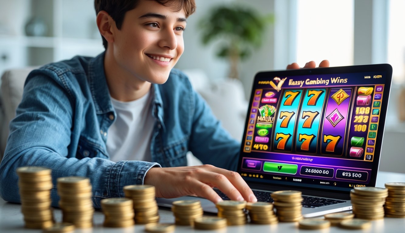 Seseorang menggunakan laptop di rumah dengan ekspresi senang melihat layar permainan judi online.