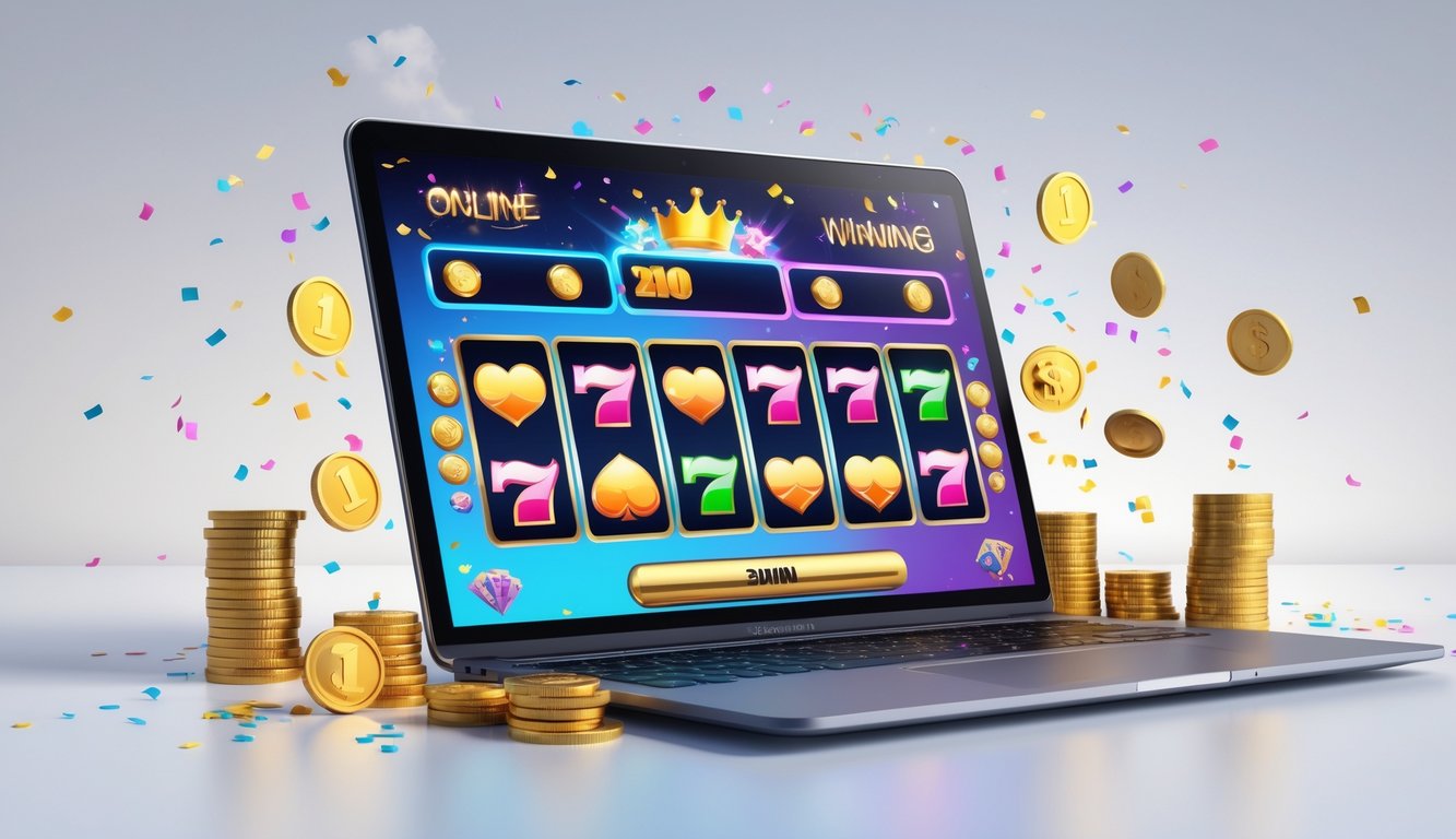 Seorang pengguna sedang bermain judi online dengan perangkat digital, menampilkan simbol kemenangan dan koin kecil di sekitar perangkat.