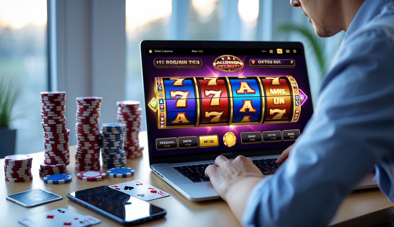 Seseorang menggunakan laptop dengan tampilan permainan judi online dan simbol jackpot di layar dalam ruangan yang terang dan rapi.