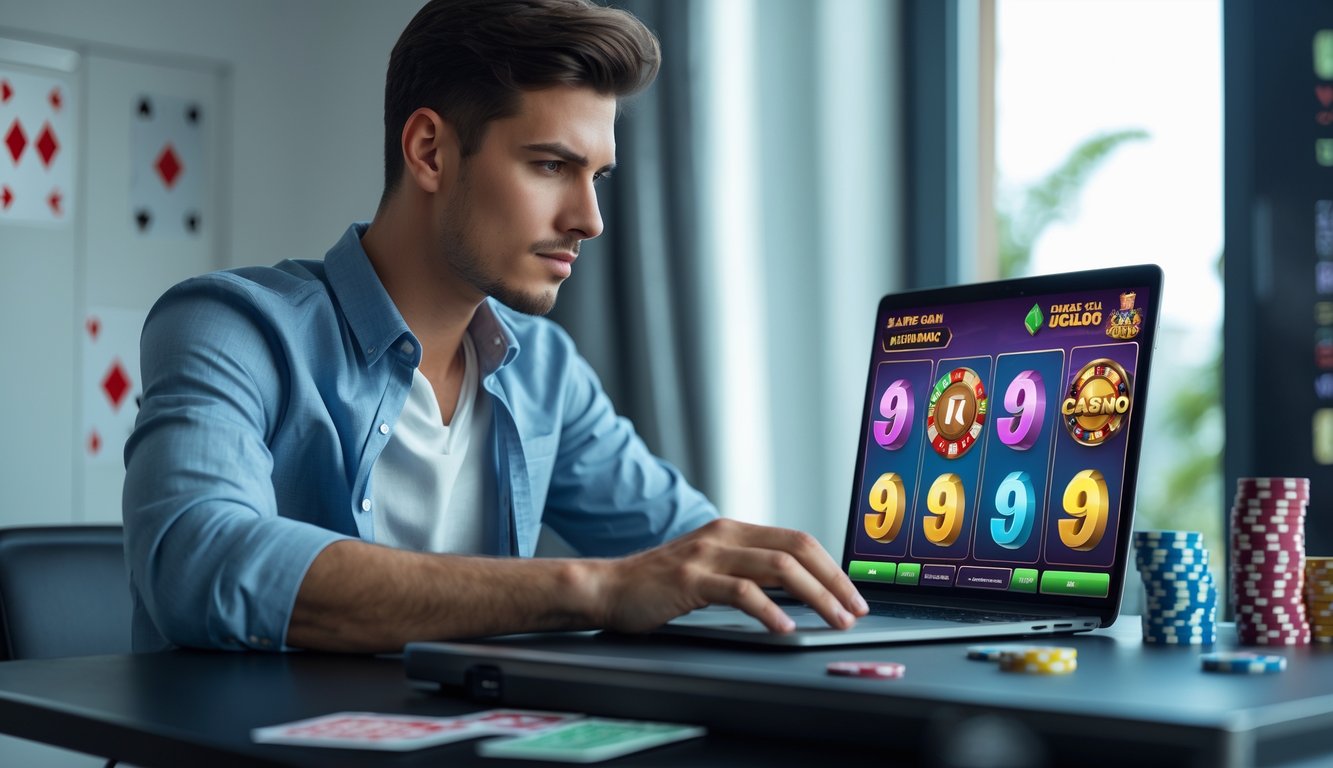 Seorang pria muda duduk di meja dengan laptop yang menampilkan permainan judi online, dikelilingi oleh kartu remi dan chip poker.