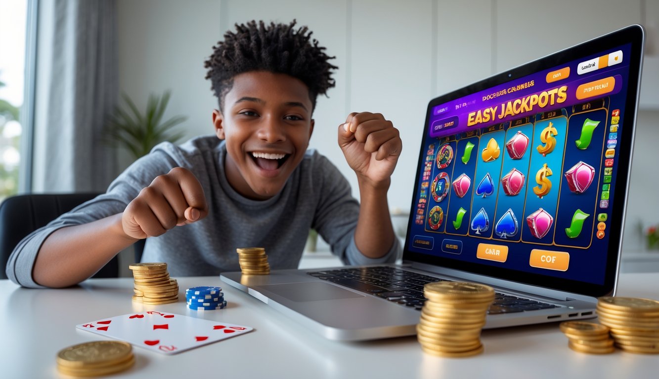 Seseorang muda sedang menggunakan laptop dengan antarmuka kasino online yang menampilkan mesin slot dan simbol jackpot di meja kerja yang rapi.