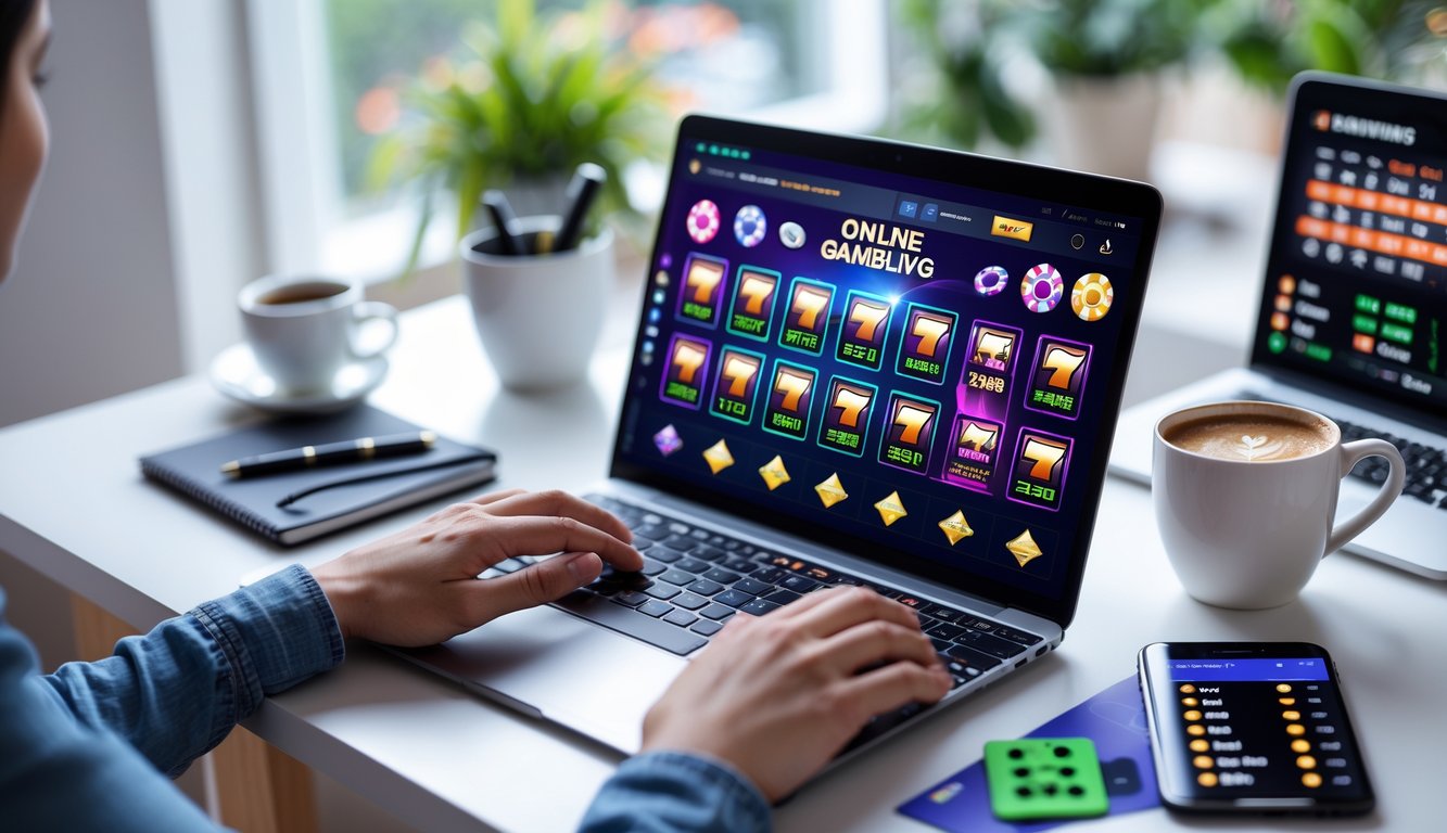 Seseorang menggunakan laptop dengan tampilan permainan judi online di meja kerja yang rapi dan terang.