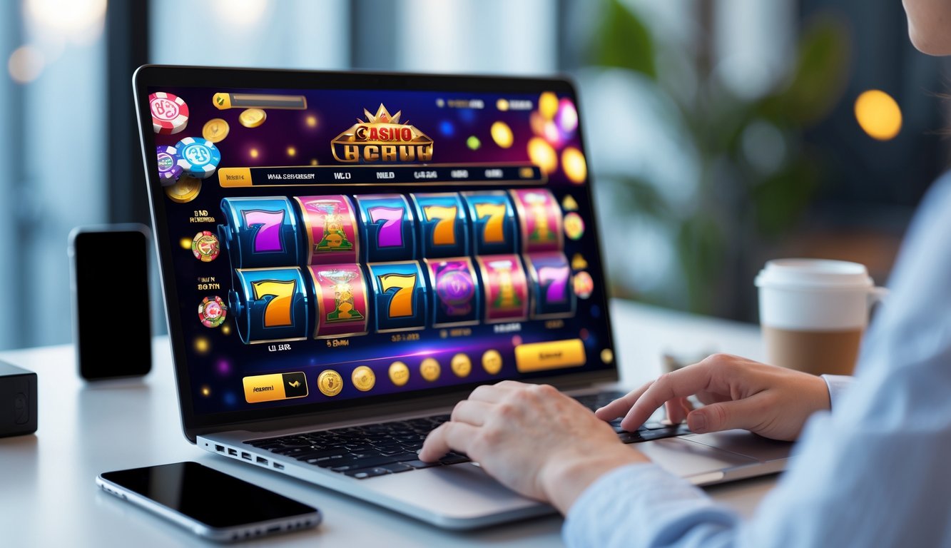 Seseorang menggunakan laptop dengan tampilan permainan kasino online di meja kerja yang rapi.