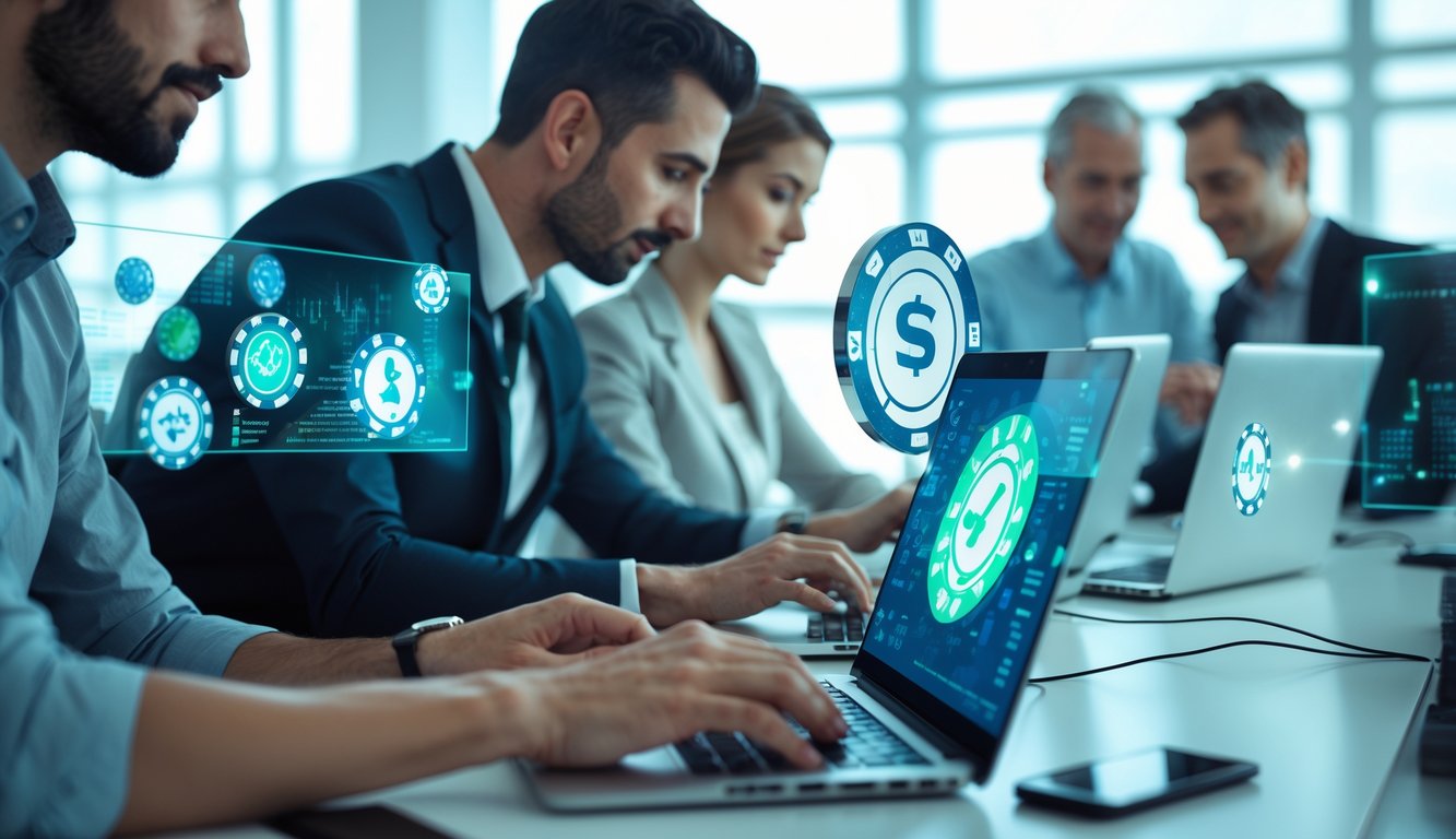 Orang-orang menggunakan laptop dan ponsel di ruang kantor modern dengan layar digital menampilkan ikon jackpot dan simbol keamanan.