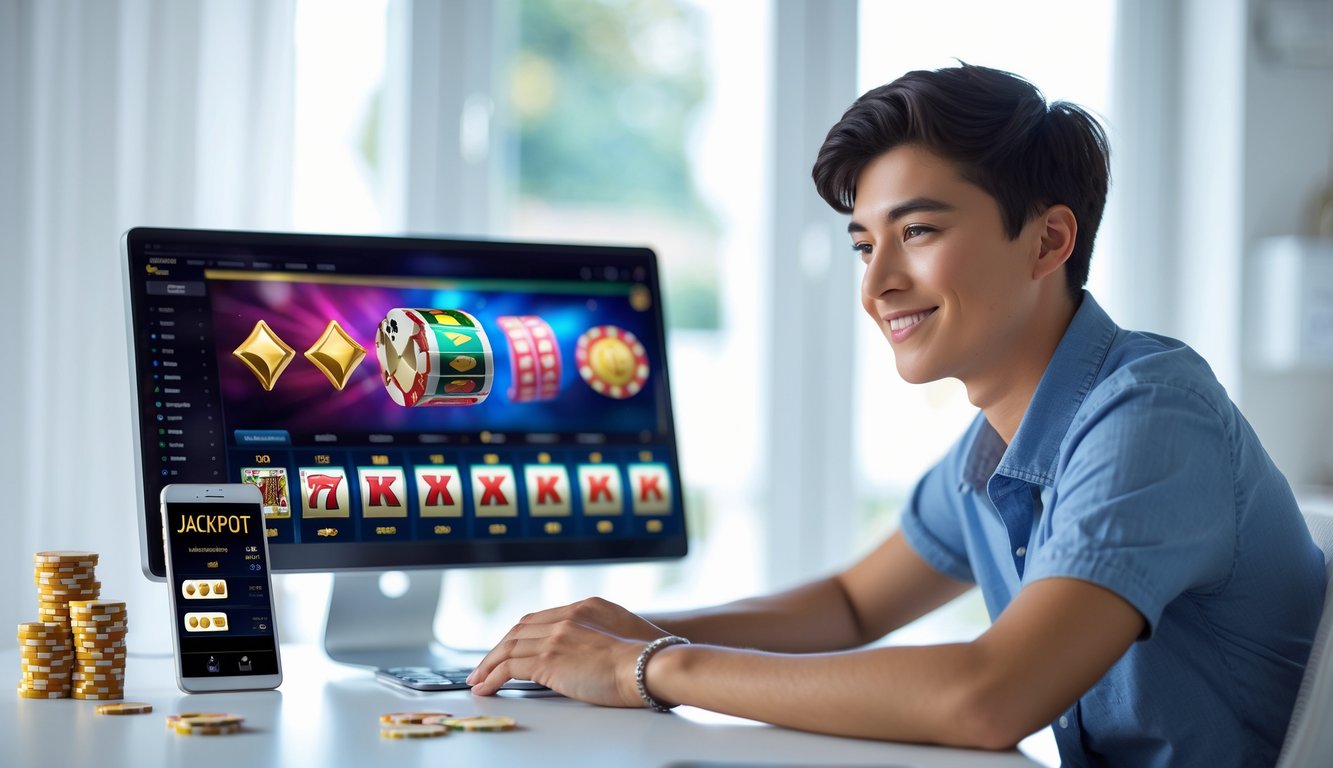 Seorang dewasa muda duduk di depan laptop dengan tampilan permainan judi online, tersenyum percaya diri di ruang kerja yang terang dan rapi.