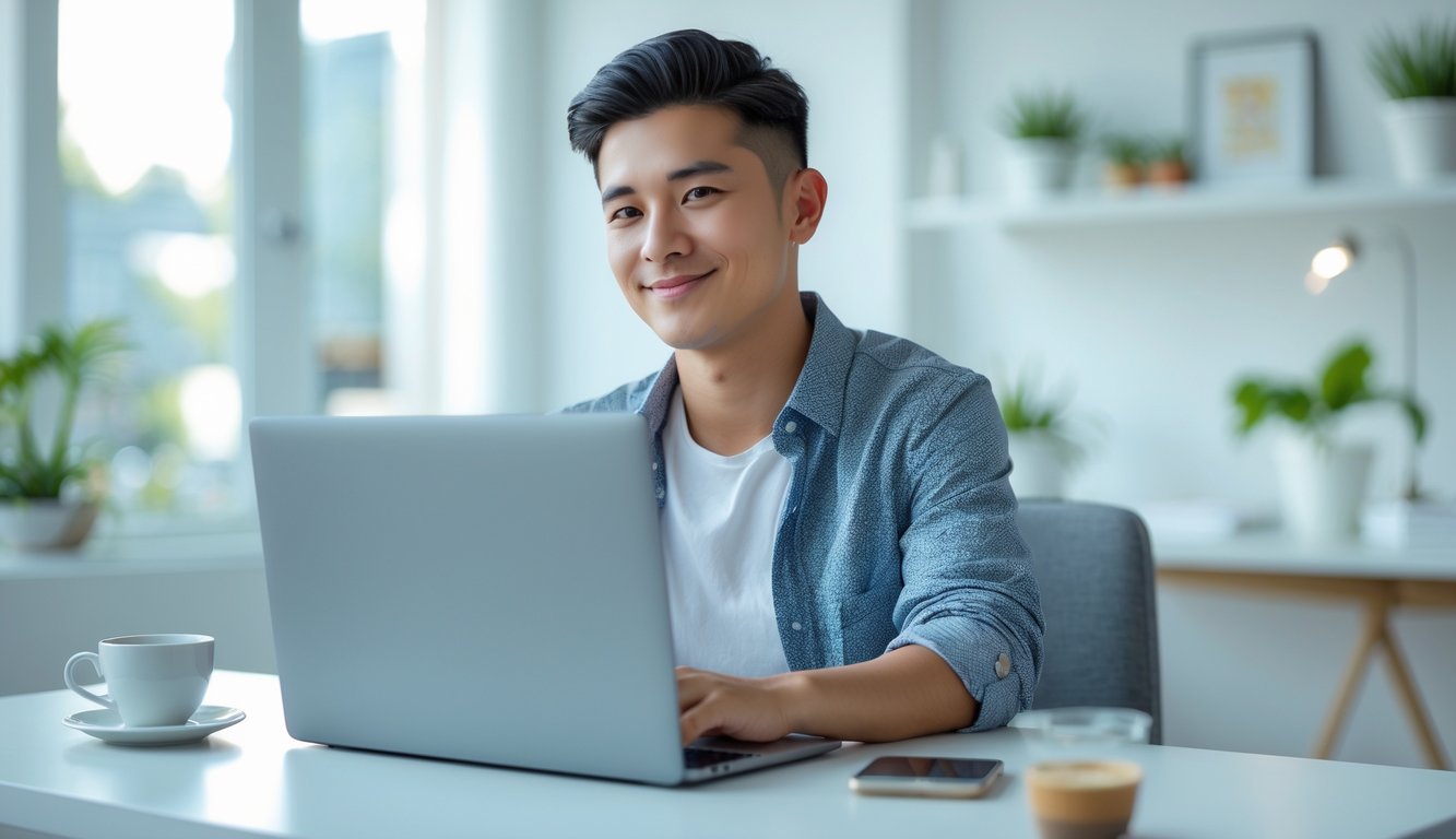 Seorang dewasa muda duduk di meja dengan laptop yang menampilkan permainan judi online, tersenyum dan fokus di ruang kerja yang terang dan rapi.