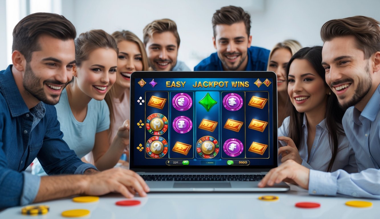 Beberapa orang muda sedang bermain permainan judi online di depan komputer dengan ekspresi senang dan fokus.