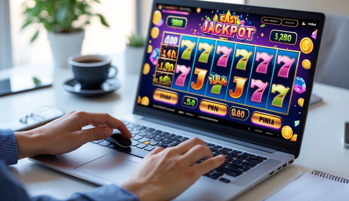 Seseorang menggunakan komputer dengan layar menampilkan permainan slot online berwarna-warni di lingkungan kerja yang rapi dan nyaman.