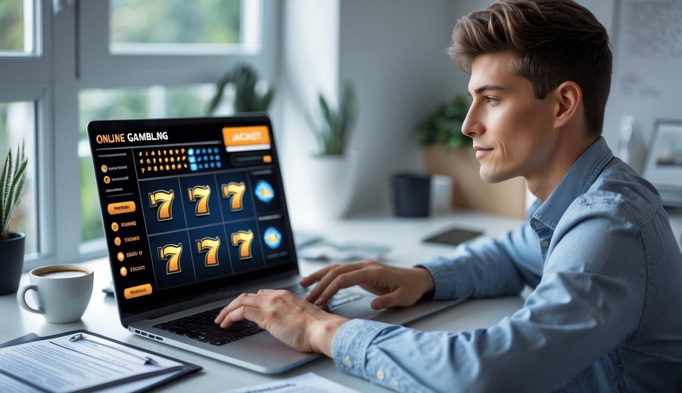 Seseorang sedang menggunakan laptop di ruang kerja rumah yang rapi, tampak fokus dan santai dengan layar menampilkan elemen permainan judi online.