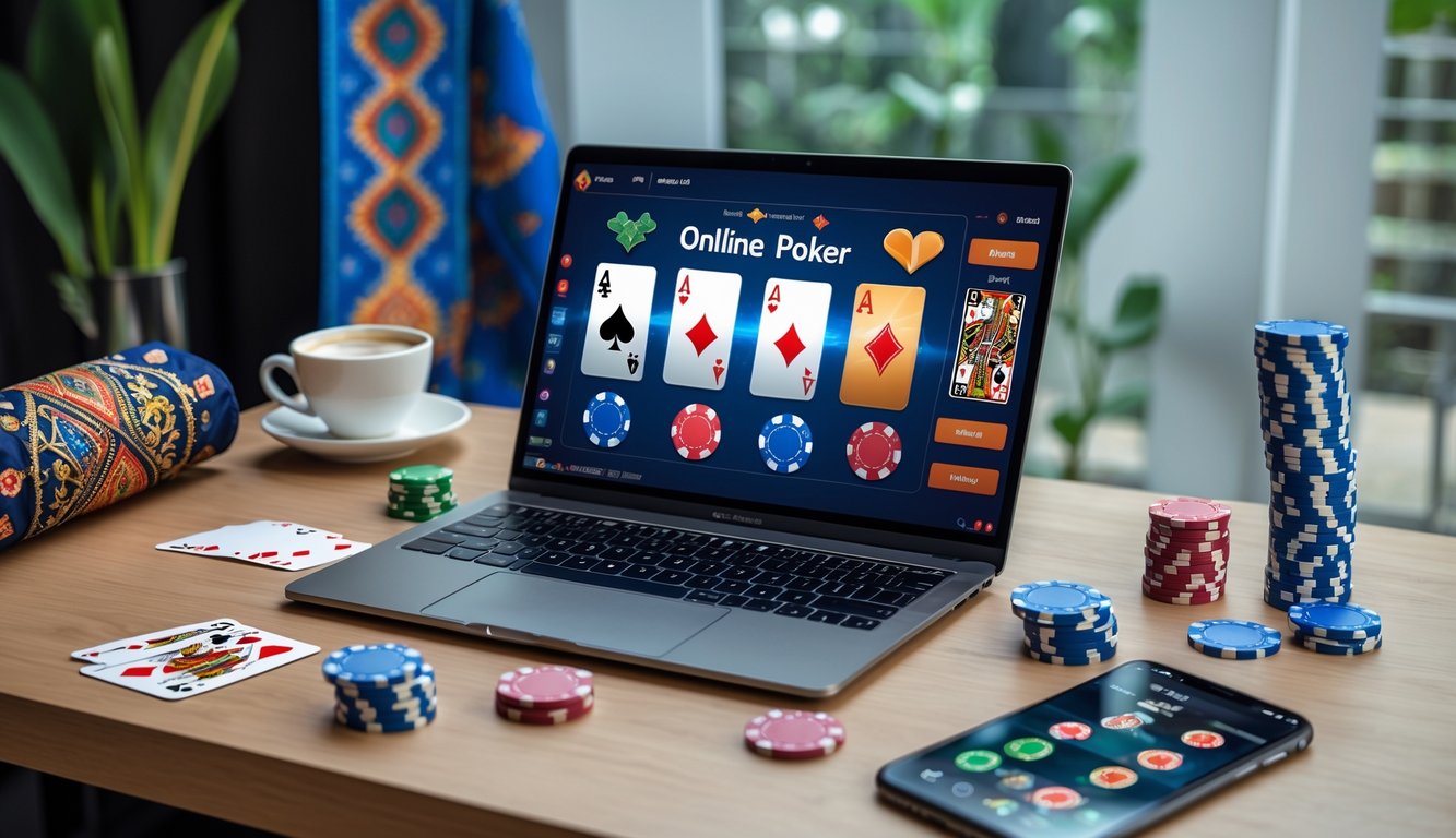 Meja kerja dengan laptop yang menampilkan permainan poker online, dikelilingi oleh chip poker, kartu remi, dan ponsel dengan aplikasi poker, dengan dekorasi batik kecil di latar belakang.