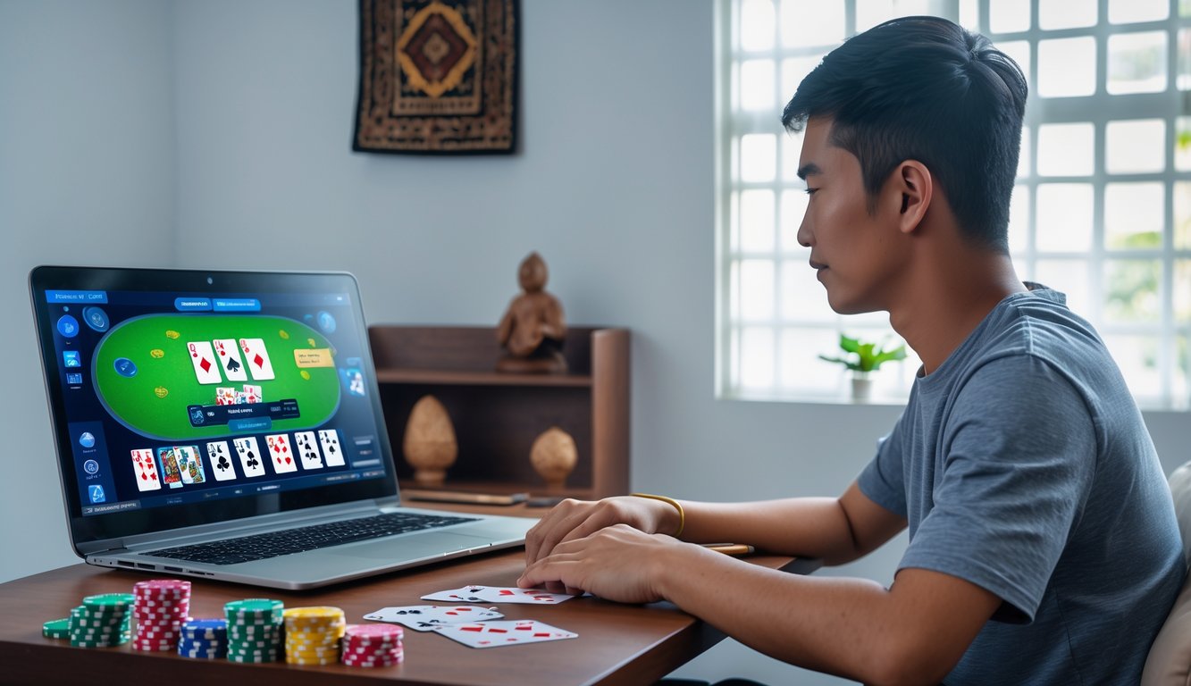 Seseorang sedang bermain poker online di laptop dengan chip dan kartu poker di meja, di sebuah ruangan yang terang dan nyaman.
