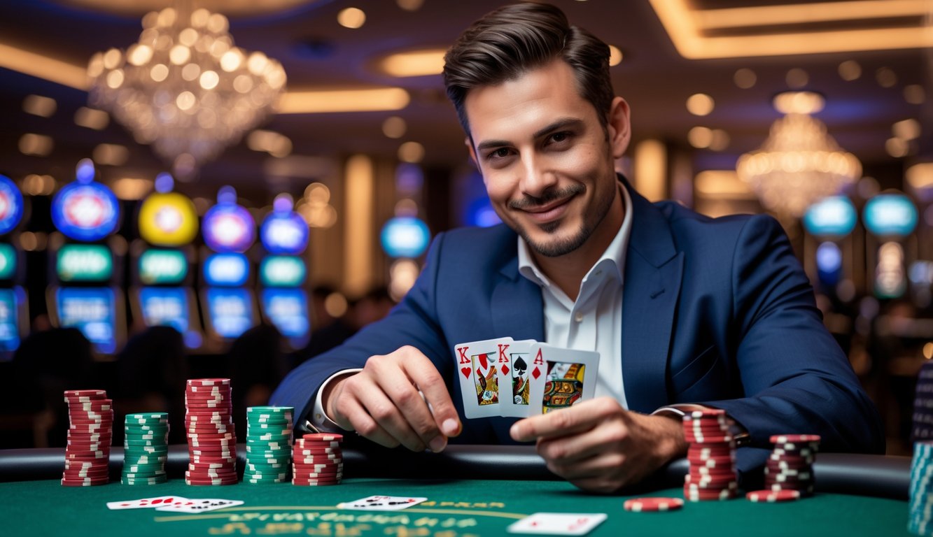 Seorang pria duduk di meja poker dengan kartu dan chip di kasino yang mewah.