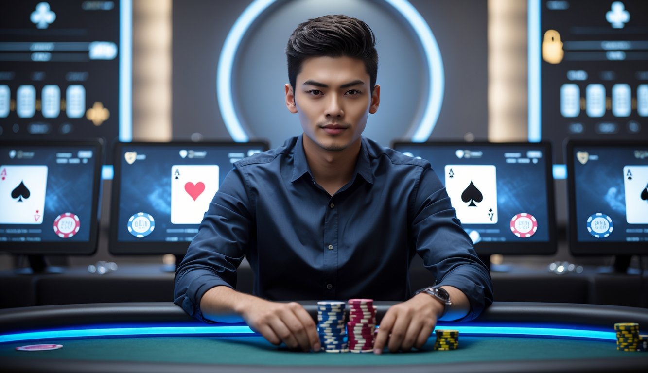 Seorang pria muda duduk di meja poker dengan kartu dan chip, fokus bermain di lingkungan permainan poker online yang modern dan aman.