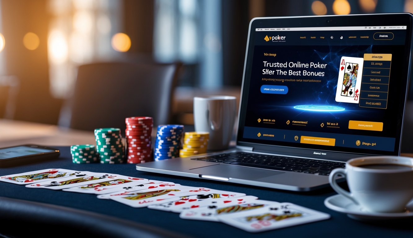 Meja poker dengan chip, kartu, dan laptop yang menampilkan permainan poker online dalam suasana yang hangat dan profesional.