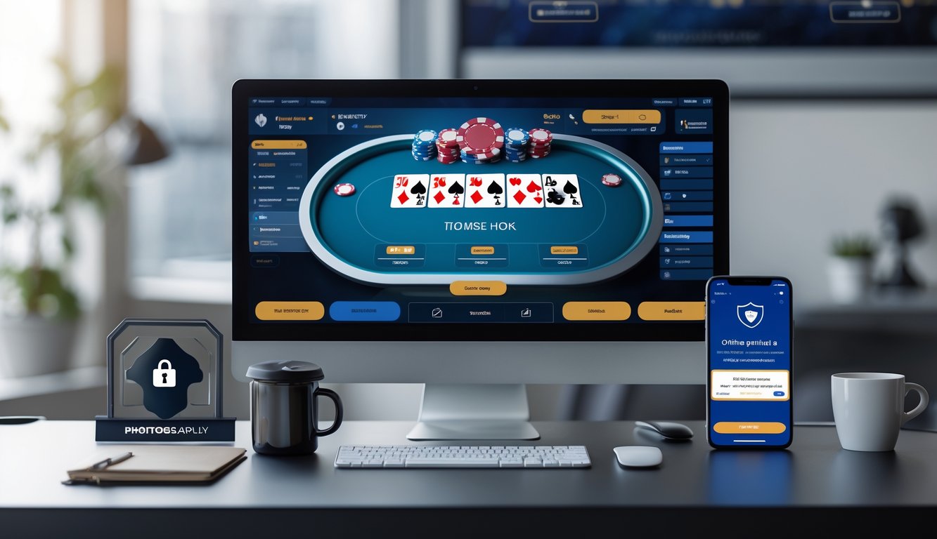 Meja kerja modern dengan layar komputer menampilkan permainan poker online, chip poker, kartu bermain, dan simbol keamanan seperti gembok dan sertifikat di latar belakang.