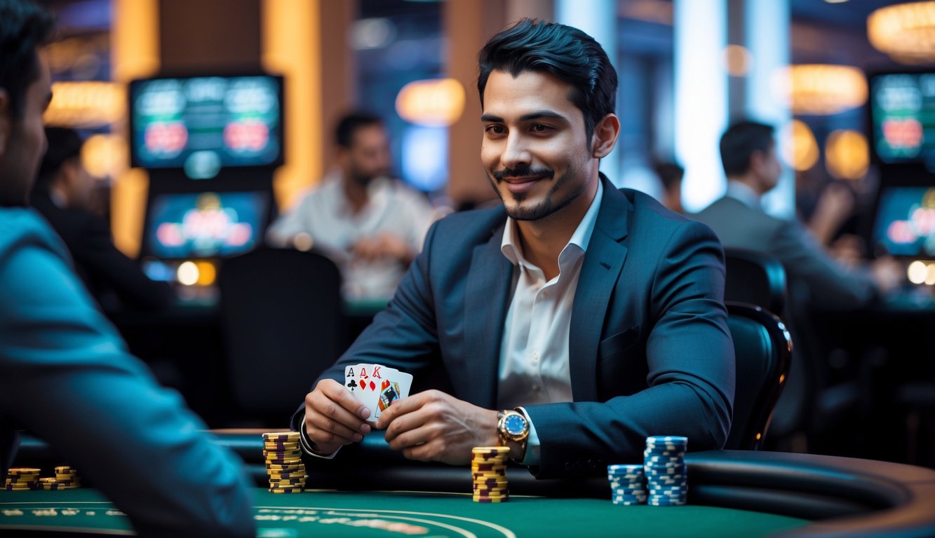 Seorang pria percaya diri duduk di meja poker dengan kartu dan tumpukan chip di depan, di lingkungan kasino yang modern dan terang.