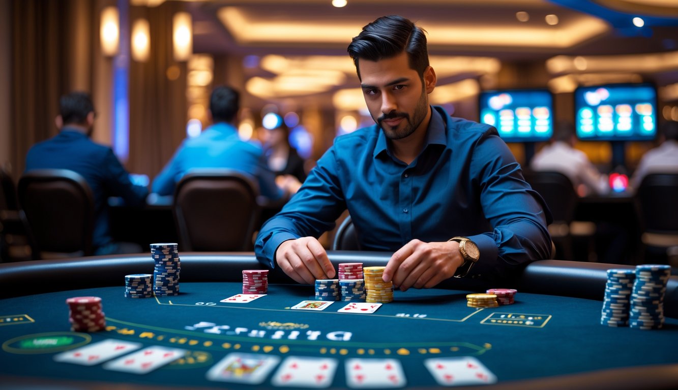 Seorang pria fokus duduk di meja poker dengan kartu dan chip di tangan di sebuah kasino modern.