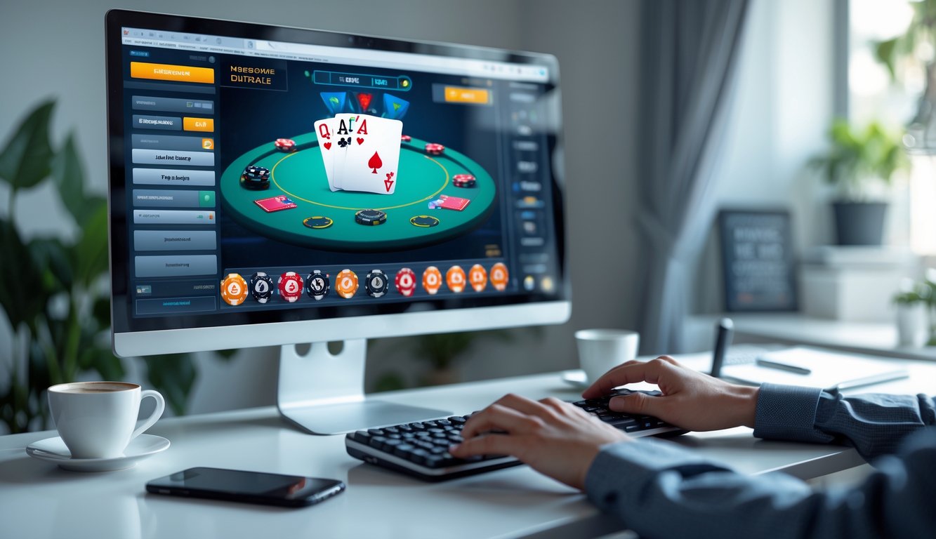 Meja kerja dengan komputer yang menampilkan permainan poker online dan tangan seseorang sedang bermain.