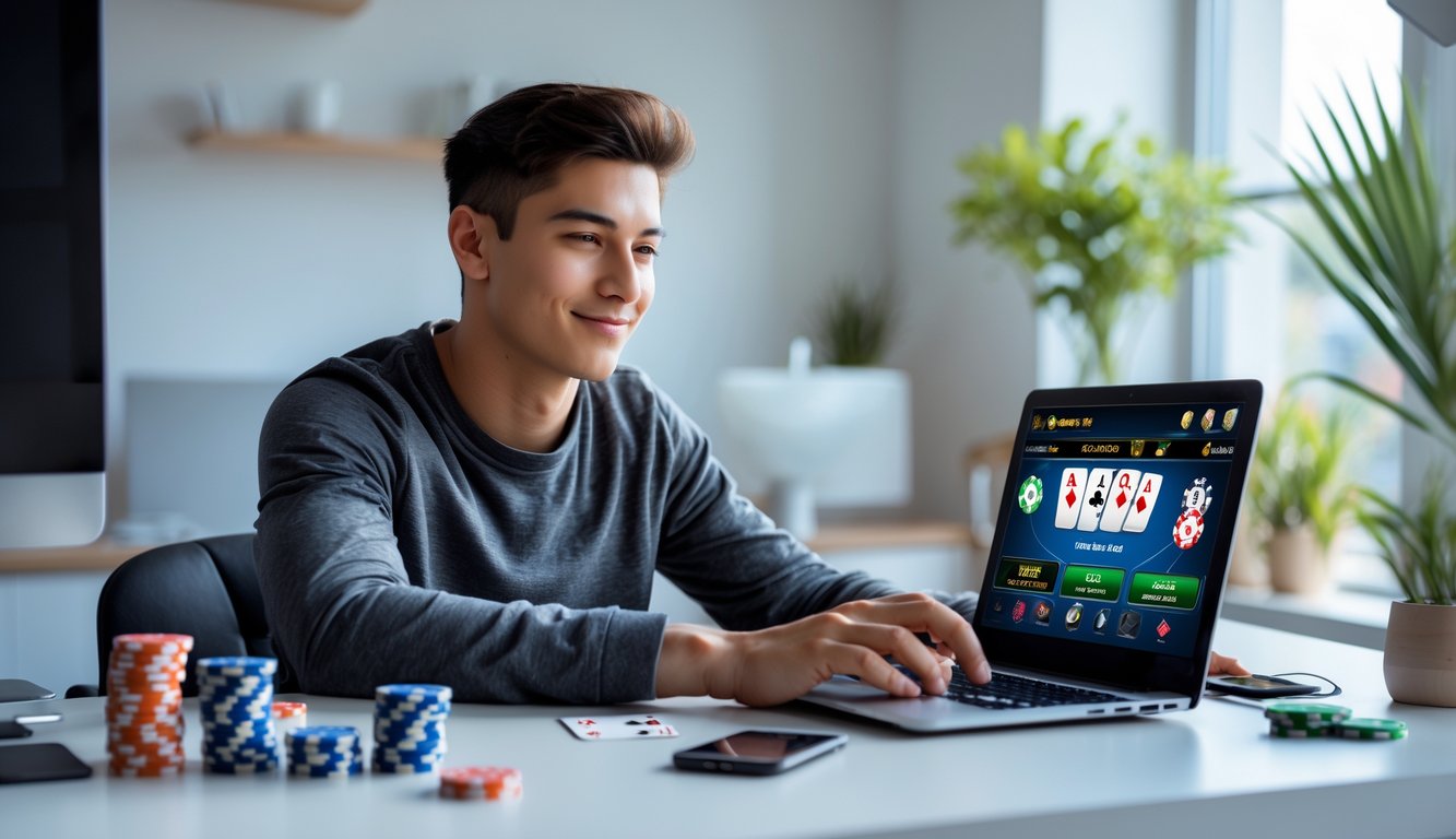 Seorang dewasa muda fokus bermain poker online di depan laptop di meja kerja modern dengan kartu dan chip poker di sekitarnya.