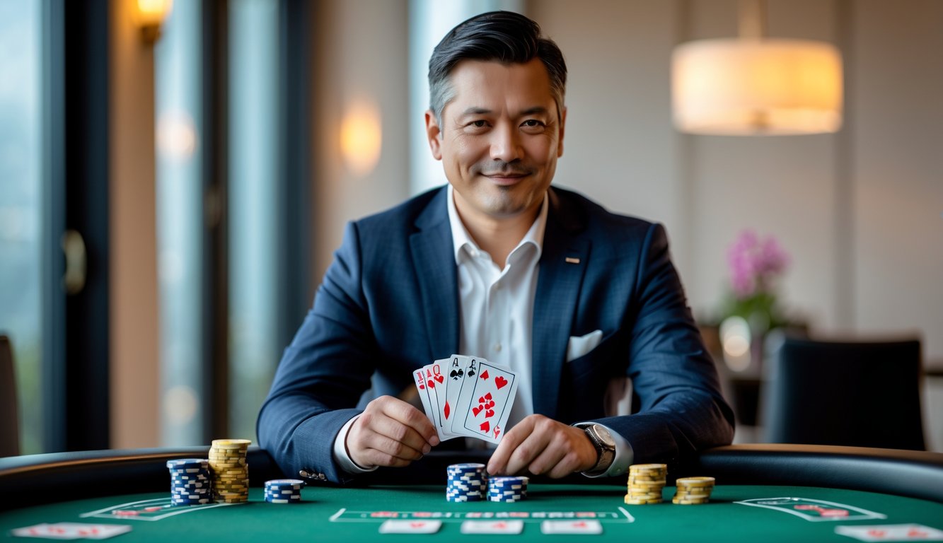 Seorang pria dewasa duduk di meja poker dengan kartu dan chip poker, fokus bermain permainan poker online.