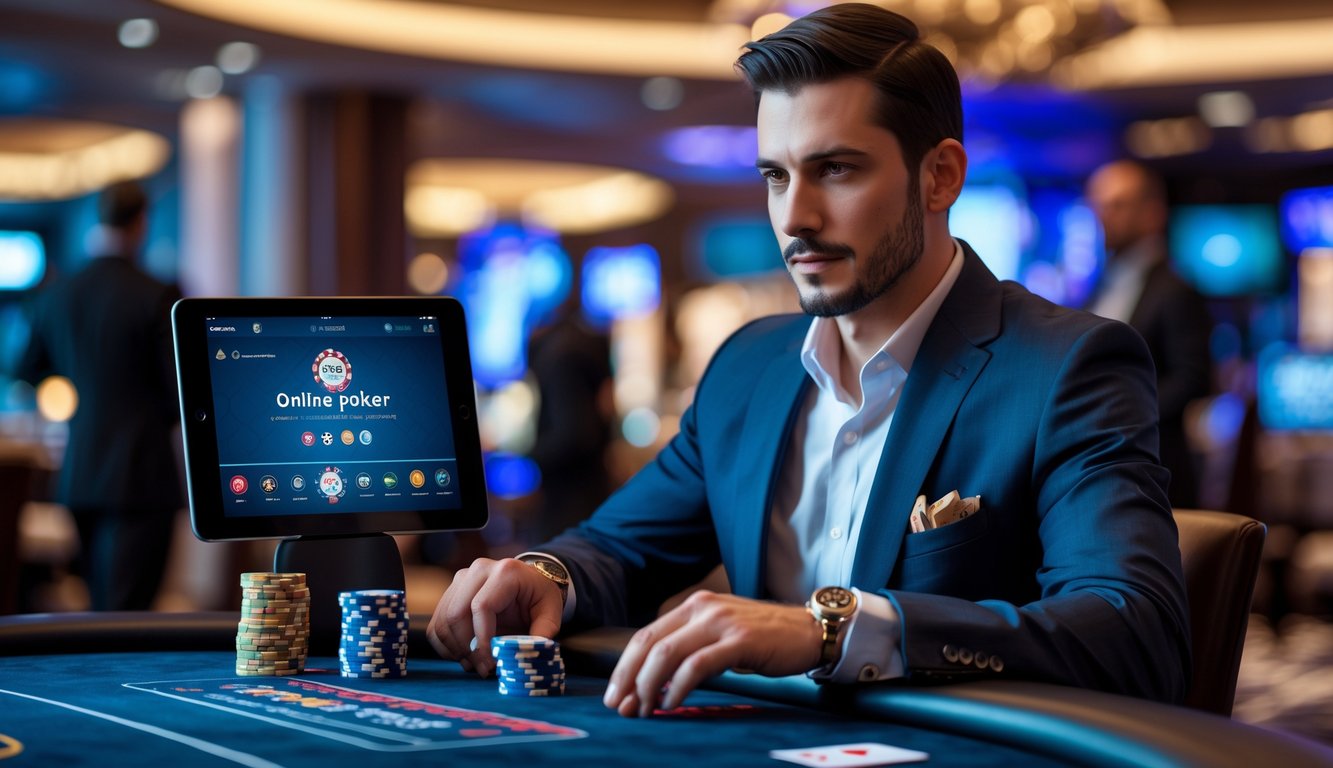 Seorang pria percaya diri duduk di meja poker dengan chip dan kartu, menggunakan perangkat digital di kasino mewah.