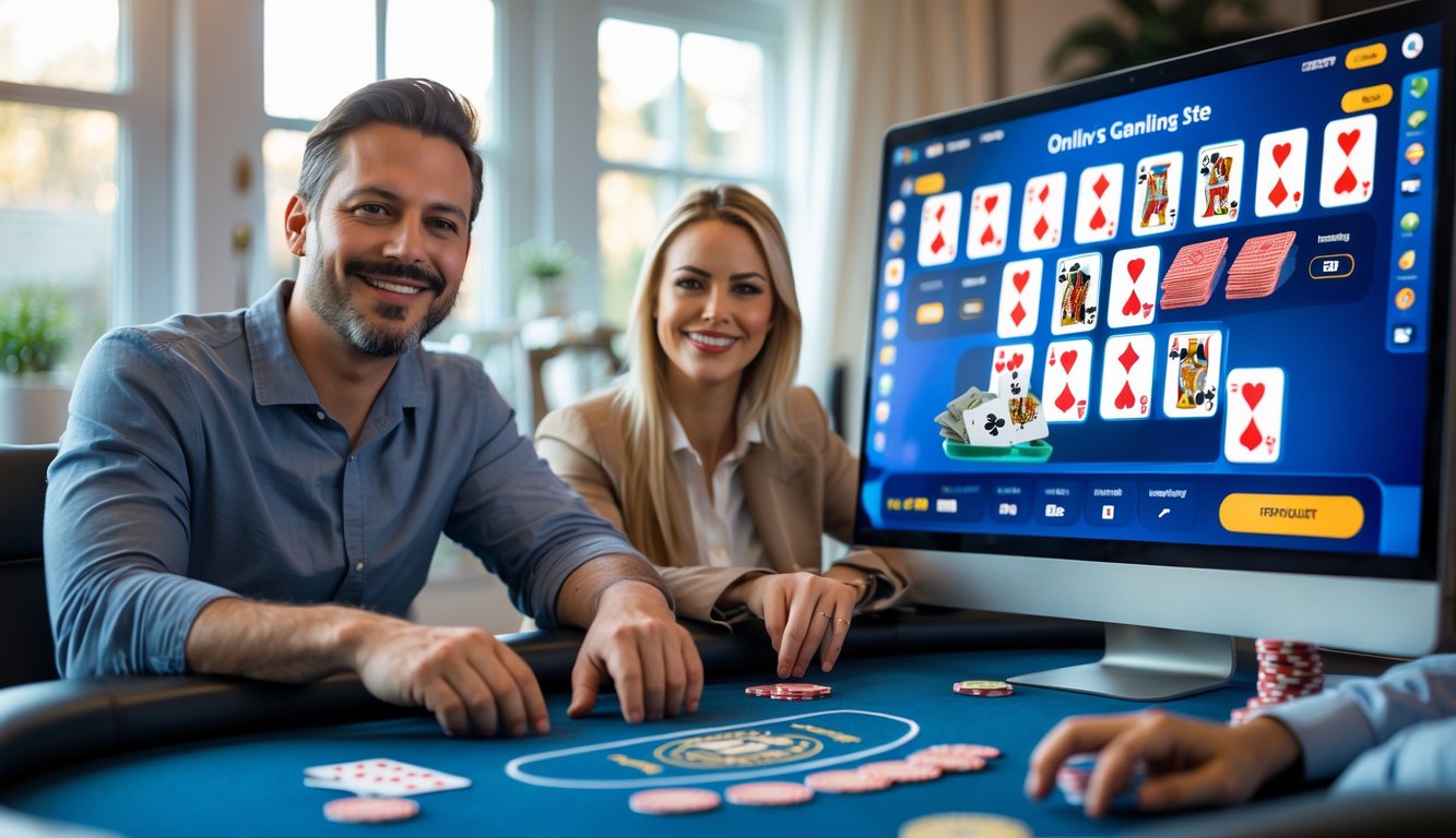 Dua orang dewasa bermain poker online dengan komputer di meja, terlihat senang dan fokus dalam suasana ruangan yang nyaman.