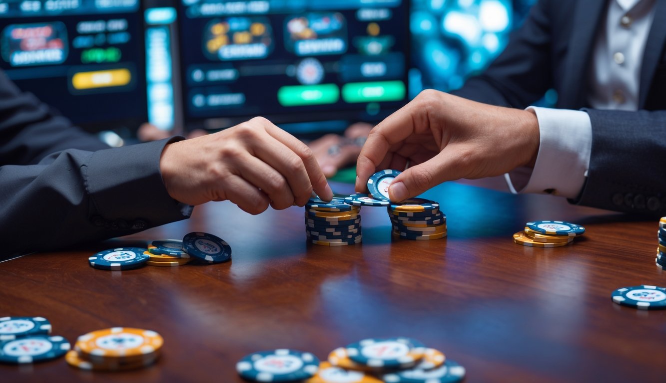 Tangan seseorang sedang memegang chip dan kartu poker di atas meja kayu dengan layar digital poker di latar belakang.