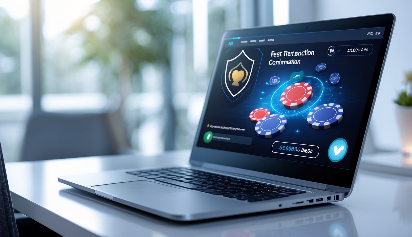 Seorang pengguna sedang bermain poker online di komputer dengan tampilan antarmuka permainan dan simbol transaksi aman di layar.