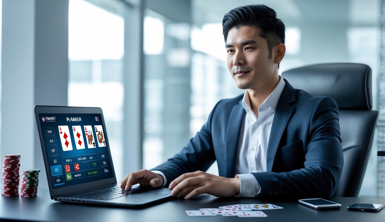 Seorang pria Asia Tenggara duduk di meja dengan laptop menampilkan permainan poker online, dikelilingi chip poker dan kartu remi, di ruang kantor modern.