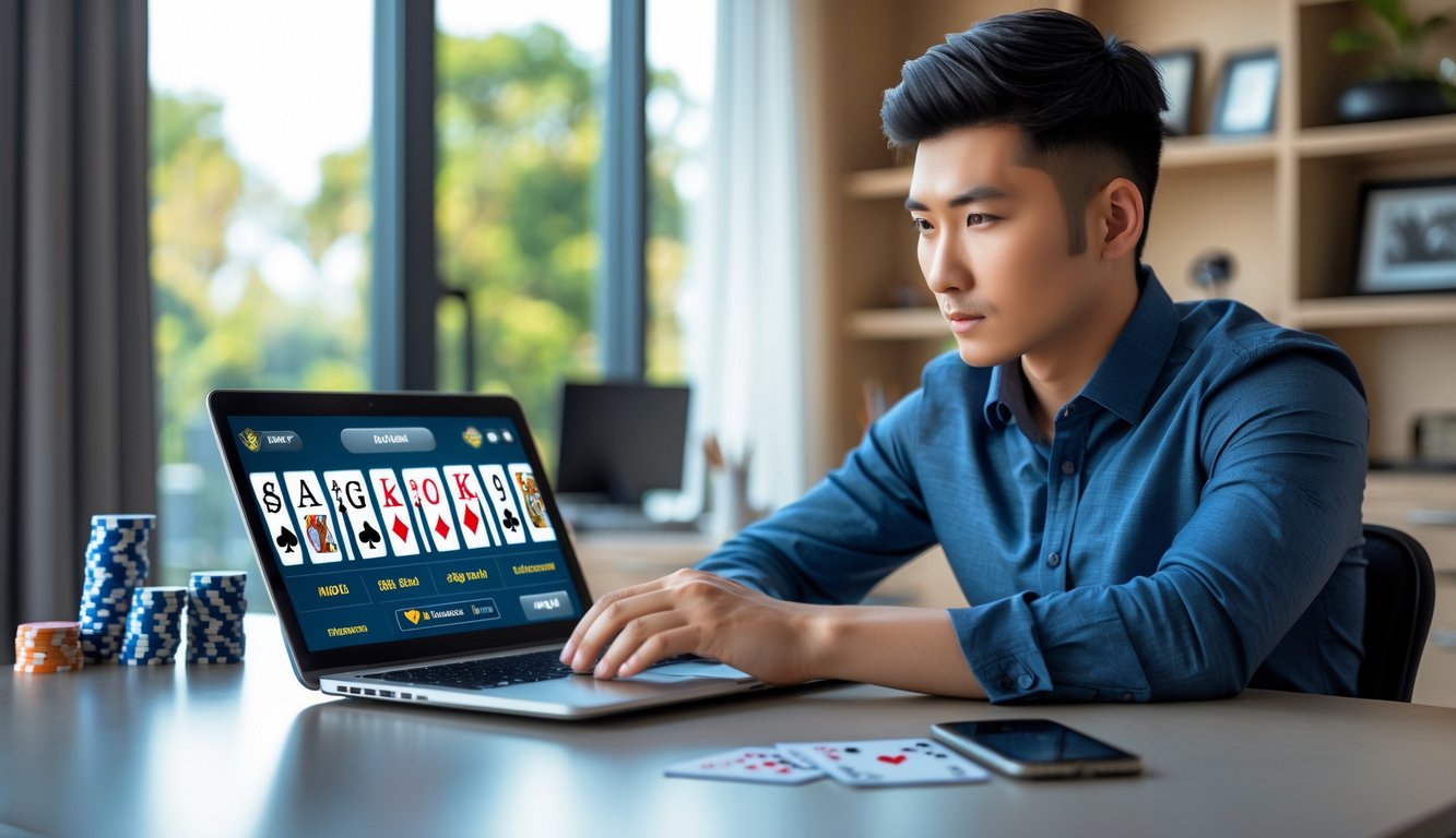 Seorang pria muda duduk di depan laptop dengan permainan poker online di layar, di ruang kerja modern yang rapi dengan kartu dan chip poker di meja.