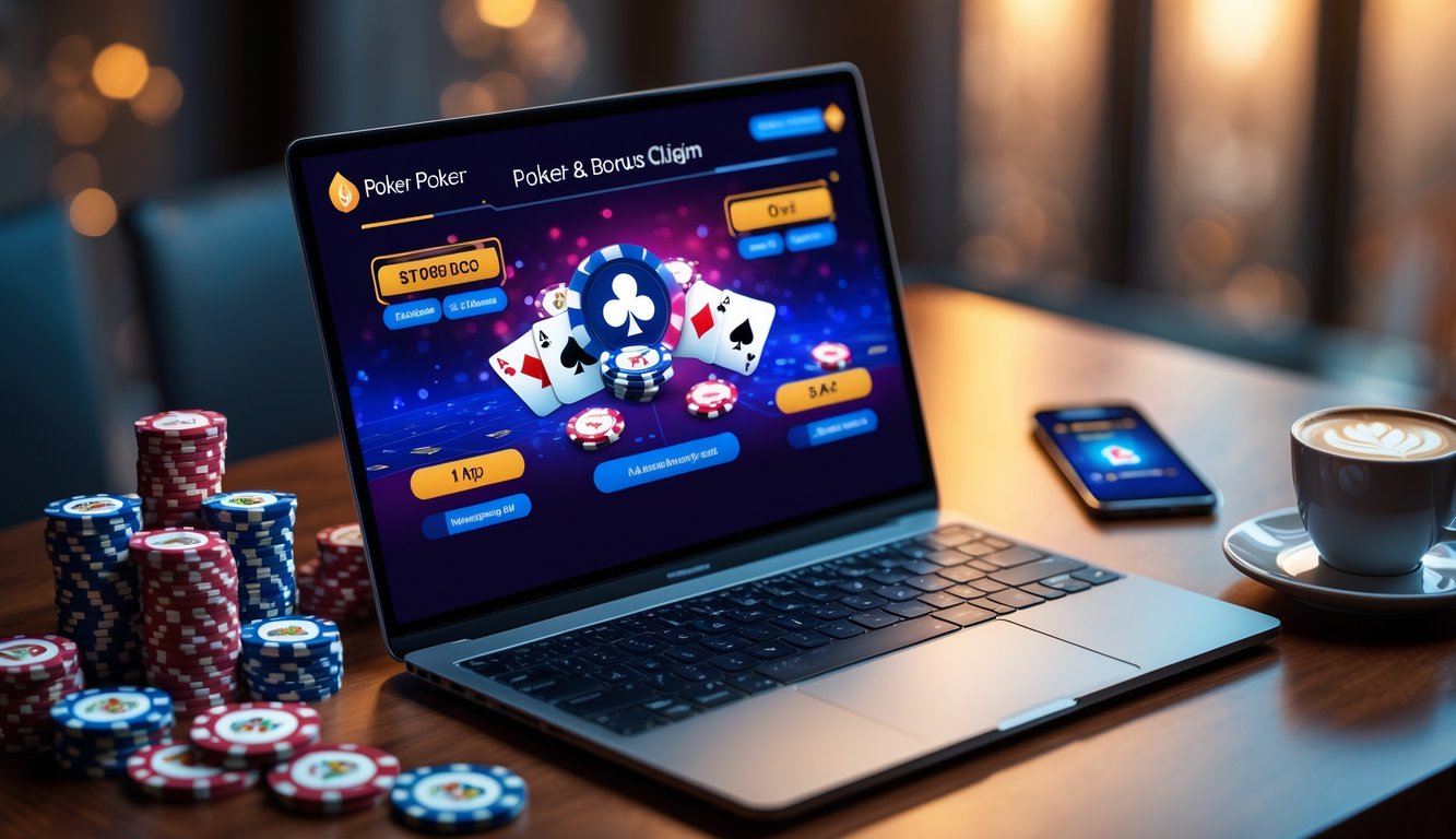 Sebuah laptop di atas meja kayu yang menampilkan permainan poker online dengan tumpukan chip poker dan kartu bermain di sekitarnya.
