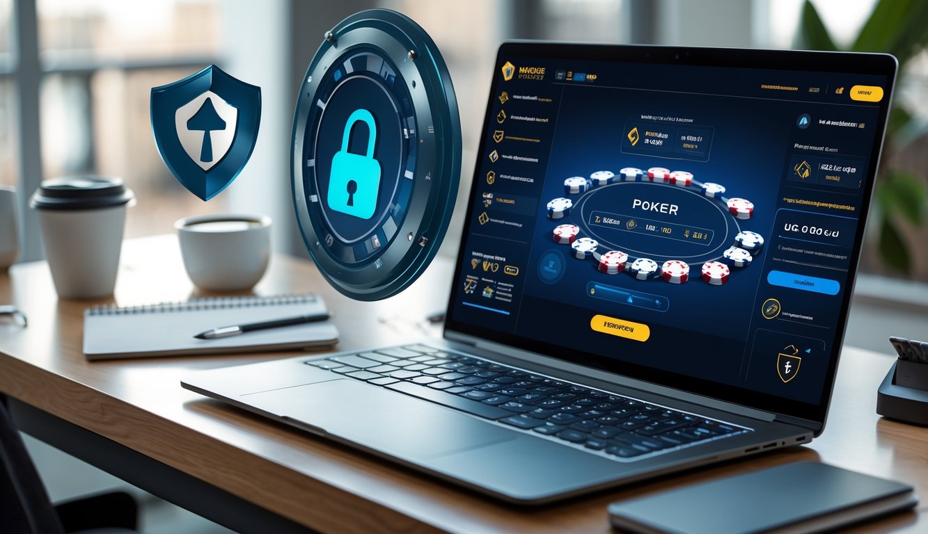 Seorang pemain duduk di depan komputer dengan tampilan permainan poker online, dikelilingi chip dan kartu, menunjukkan suasana bermain poker online yang terpercaya.