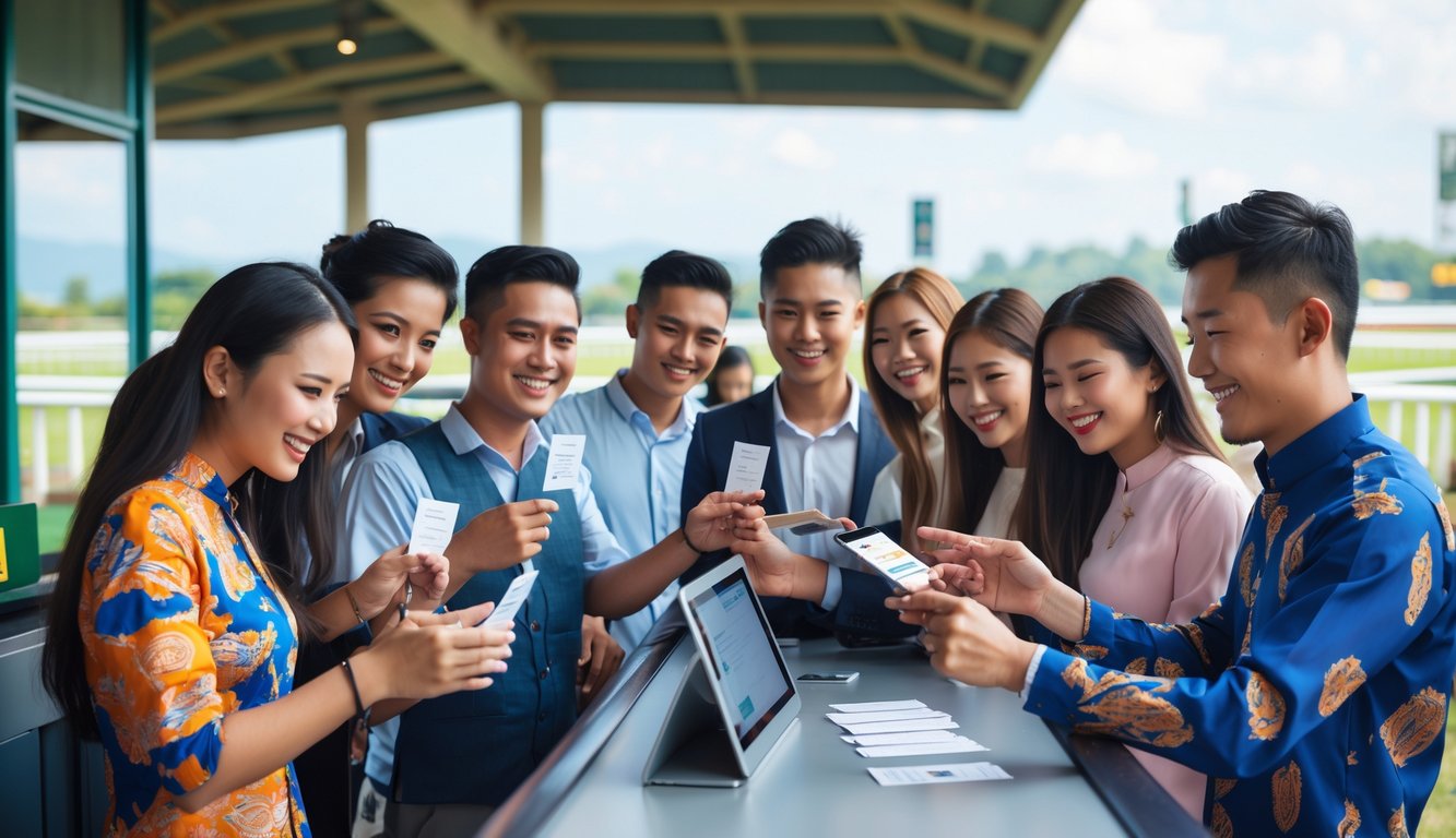 Sekelompok orang muda sedang memasang taruhan legal pada balapan kuda di sebuah arena pacuan di Indonesia.