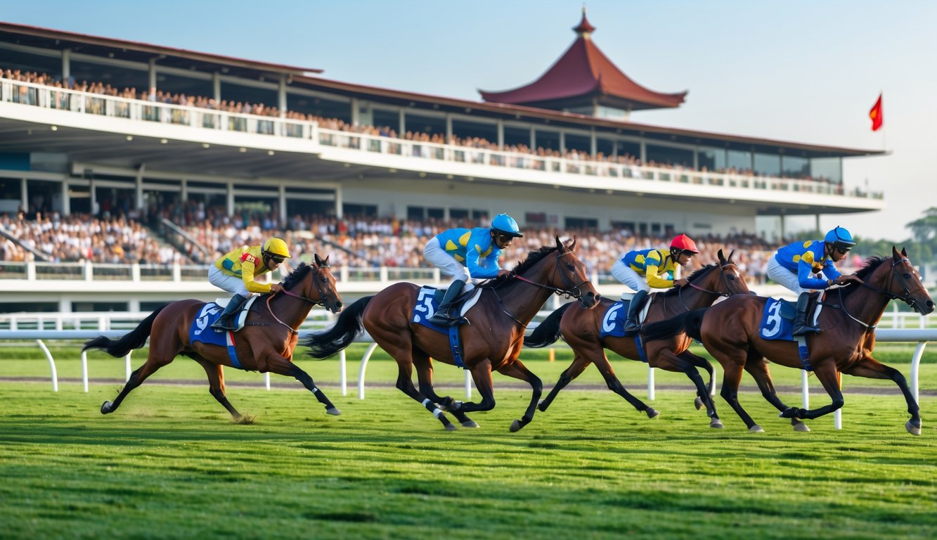 Beberapa kuda pacuan dengan joki berwarna-warni sedang berlari di lintasan balap dengan tribun penonton yang ramai di latar belakang.