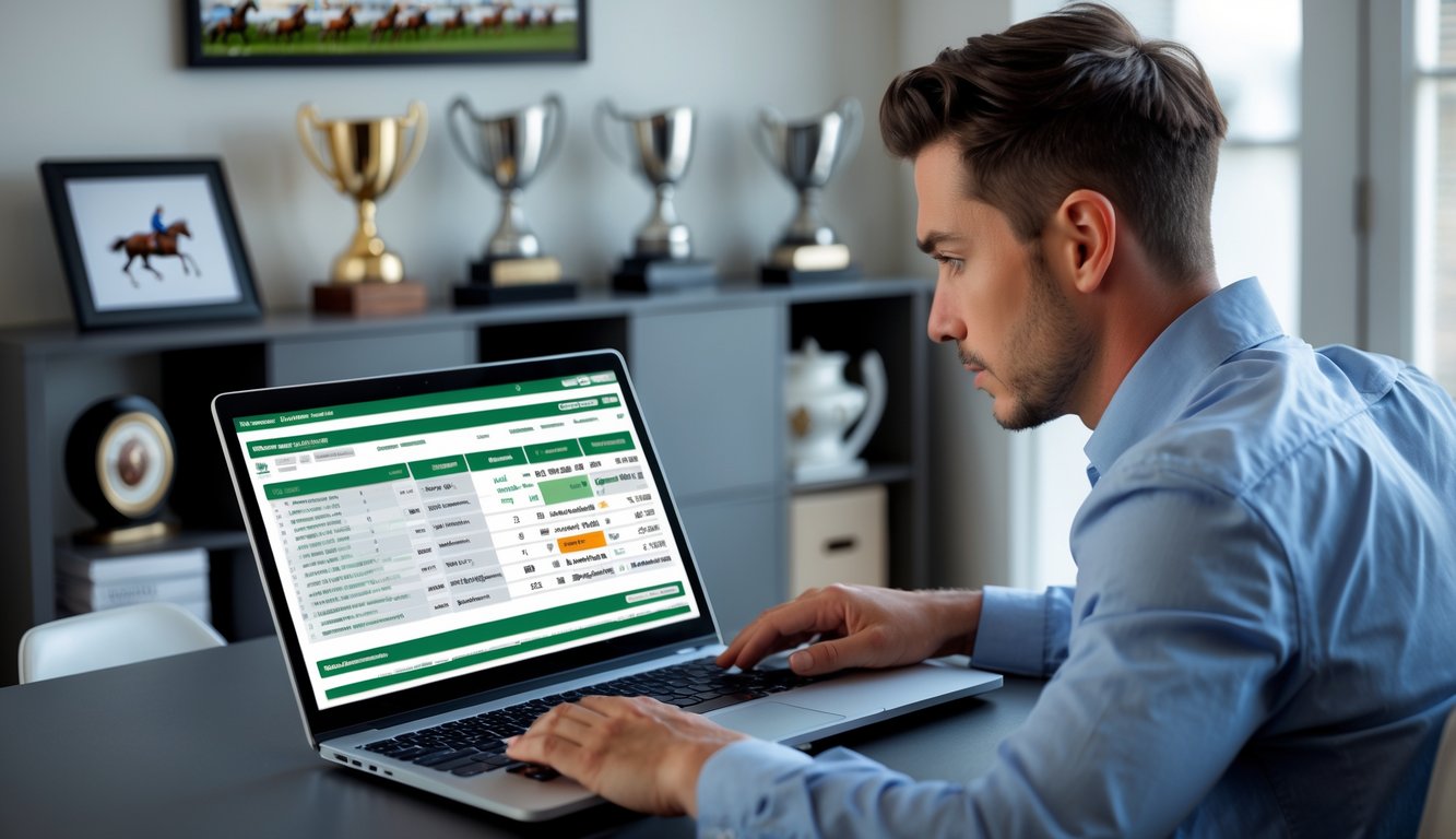 Seseorang sedang menggunakan laptop di meja kerja modern sambil meneliti situs taruhan kuda pacuan dengan latar belakang rak buku dan memorabilia pacuan kuda.