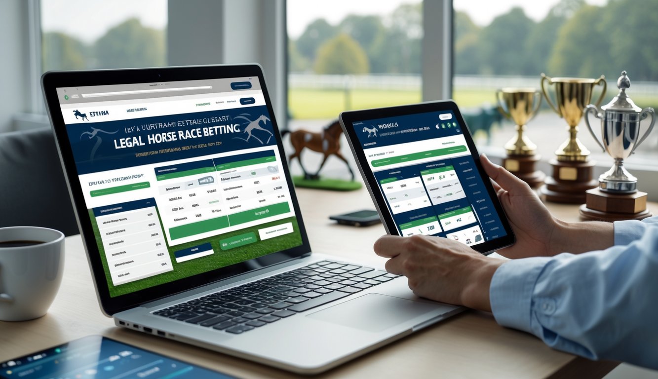 Seorang pria di meja kerja dengan laptop dan tablet yang menampilkan situs taruhan kuda, dilengkapi dengan cangkir kopi dan hiasan kuda kecil di latar belakang.
