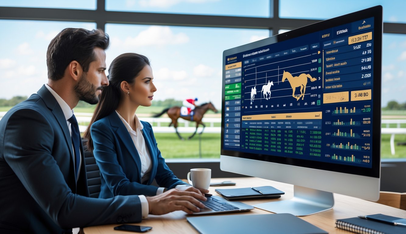 Seorang pria dan wanita sedang menganalisis data balap kuda di kantor dengan jendela yang menunjukkan balapan kuda di luar.