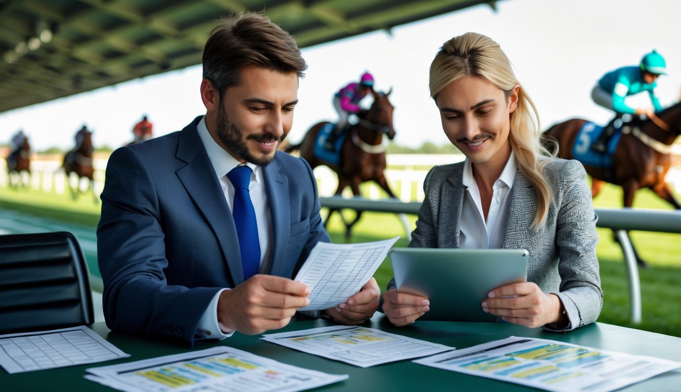 Seorang pria dan wanita berpakaian rapi sedang menganalisis data taruhan di lintasan pacuan kuda dengan kuda dan joki sedang berlomba di latar belakang.