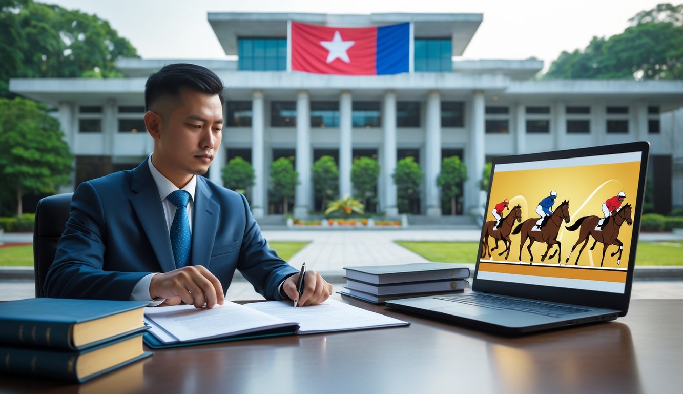 Seorang pejabat memeriksa dokumen di depan gedung pemerintah Indonesia dengan bendera nasional, di samping layar menampilkan pacuan kuda.