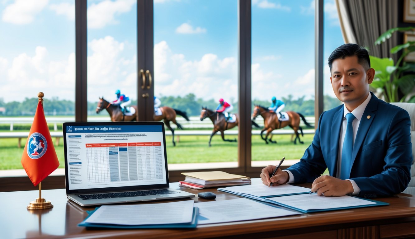 Seorang pejabat Indonesia sedang meninjau dokumen tentang regulasi taruhan kuda pacuan di sebuah kantor dengan latar belakang lintasan pacuan kuda.
