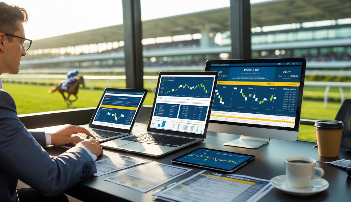 Seseorang sedang menganalisis data taruhan kuda pacuan di meja dengan perangkat digital dan latar belakang lintasan pacuan kuda.