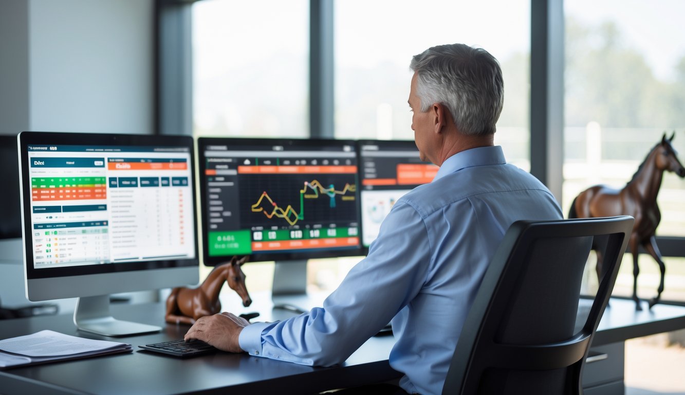 Seorang analis taruhan kuda pacu yang fokus duduk di depan beberapa layar komputer dengan data dan grafik taruhan, di ruang kerja modern yang rapi dan terang.