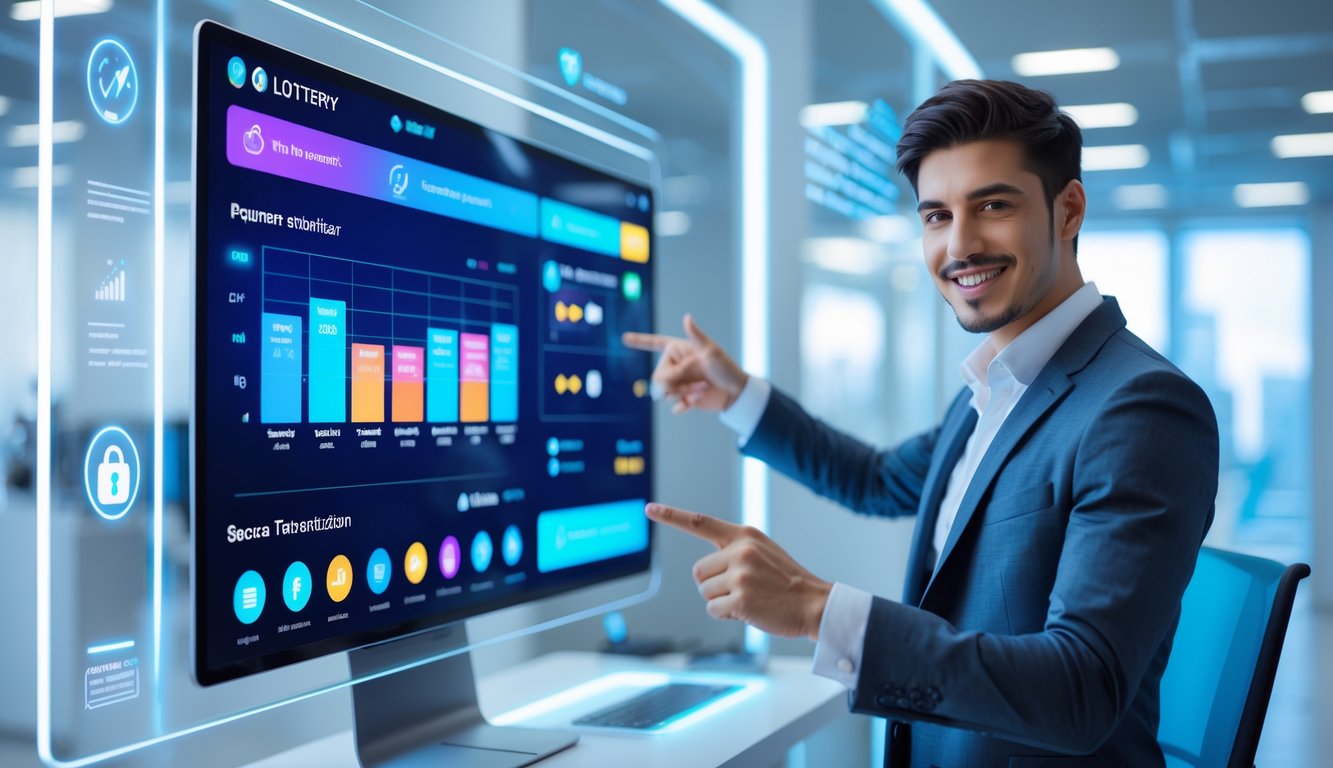 Seorang profesional muda menggunakan layar sentuh digital di kantor modern dengan tampilan antarmuka pembayaran online yang canggih.