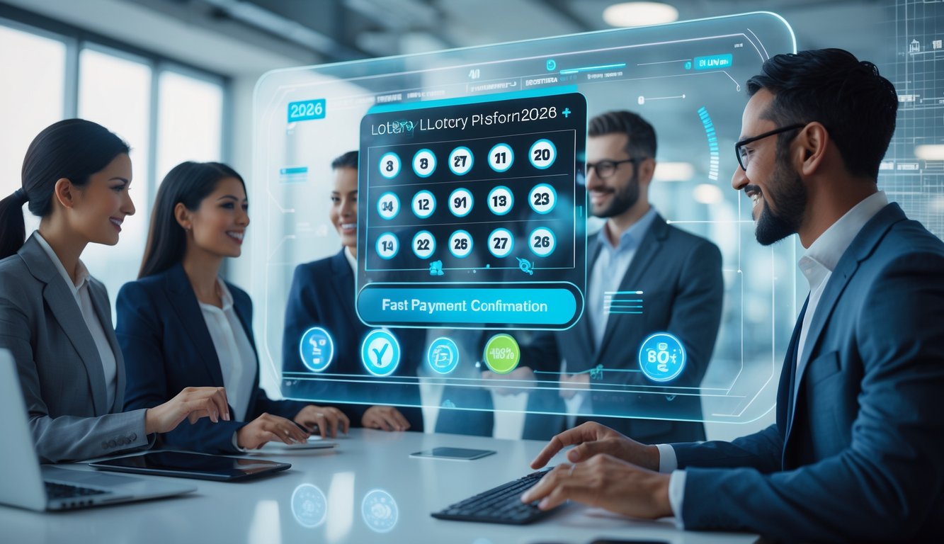 Sekelompok profesional sedang menggunakan antarmuka digital modern untuk situs togel online dengan simbol pembayaran cepat dan keamanan.